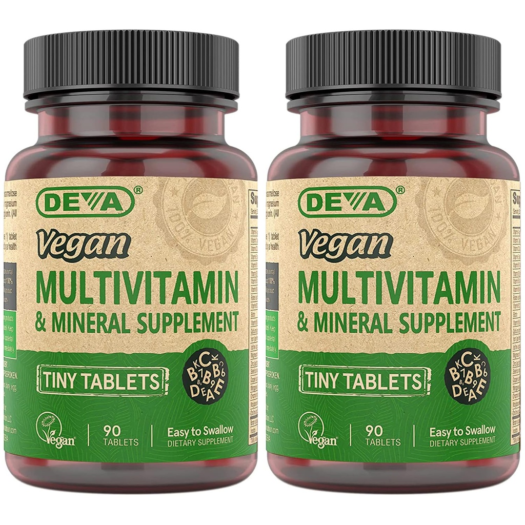 DEVA små tabletter Vegan Multivitamin til kvinder & mænd 2- pakke med jern, C-vitamin, E, B komplekse vitaminer, zink, 90 tabletter hver