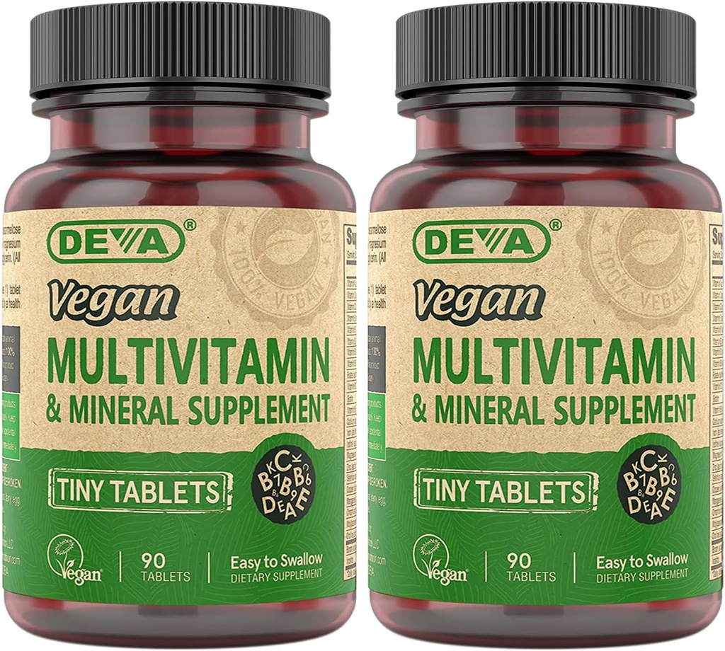 DEVA små tabletter Vegan Multivitamin til kvinder & mænd 2- pakke med jern, C-vitamin, E, B komplekse vitaminer, zink, 90 tabletter hver