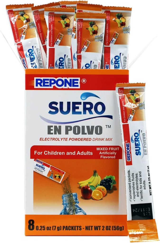 REPONE SUERO Electrolyte Powder Solution Fruit Flavor, 8 Oz Pakninger, 1 Box med 8 Pakninger.