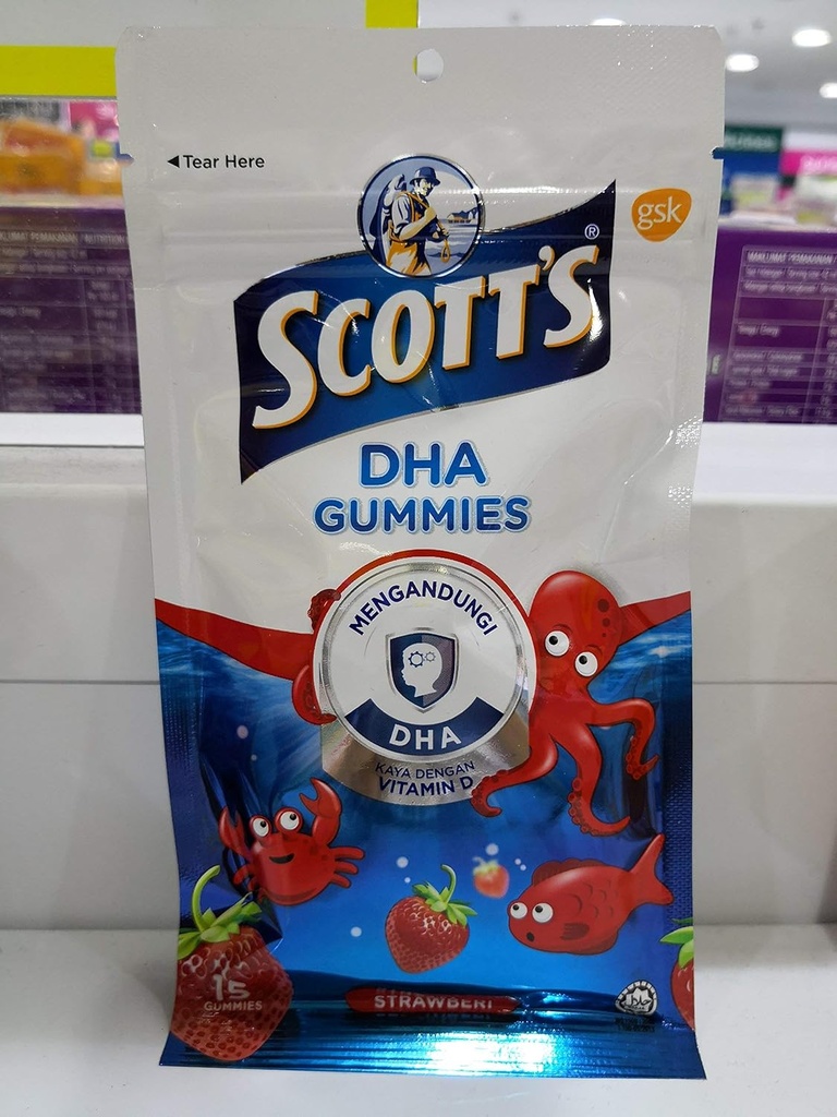 Scotts DHA Gummies, Strawberry Flavour, 15 s, D-vitamin, afgørende for sund vækst og udvikling hos børn og sund immunfunktion.