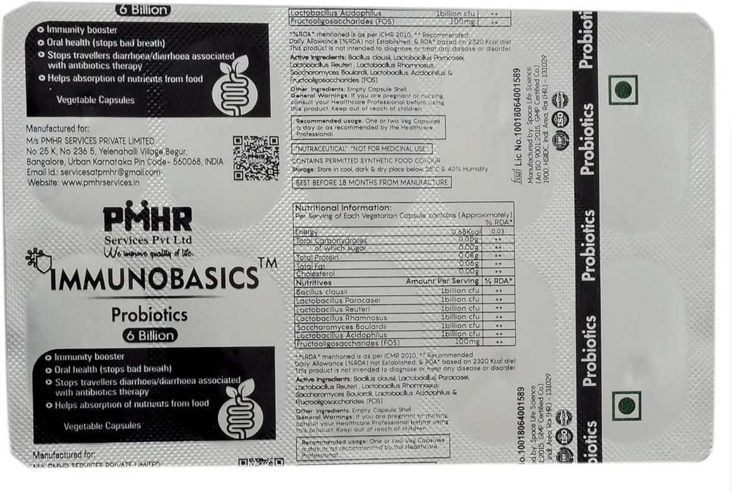 Pro og Prebiotic 6 Millioner CFU Kapsler er 124; Det indeholder L. Acidophillus, L. Rhamnosus, L. paracasei, L. Returi, Saccharomyces Boulardii, Bacillus Clausii og FOS for Gut Health.