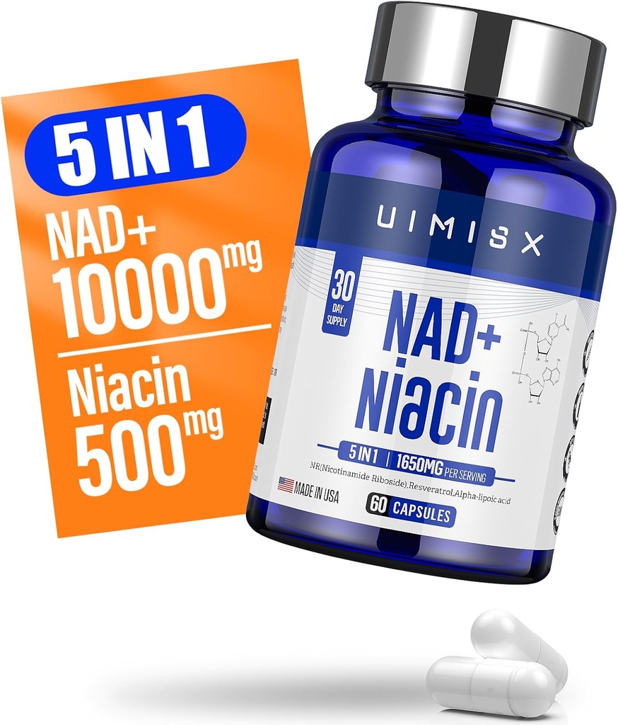 NAD + Supplement 1000mg & Niacin (vitamin B3) 500mg, Nad Plus Boosting Supplement for Woman and Man, Nicotinamid Riboside (NR) Understøtter Anti- Aging, Energy, Brain, Muscle, Non- GMO, Gluten- Free, 74