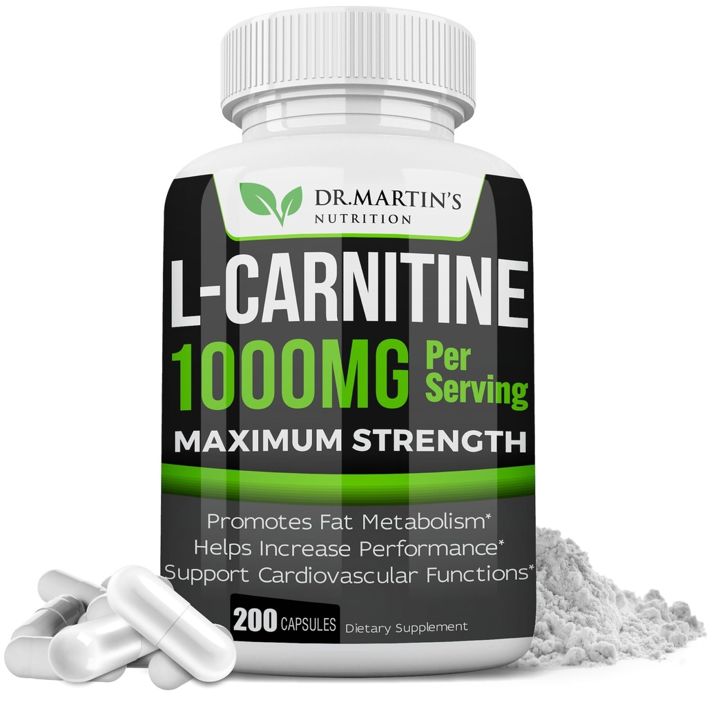 DR. MARTIN 'S NURITION Extra Strength L- Carnitin - 200 kapsler - 1000 mg per servering - øge din stofskifte og øge ydeevne