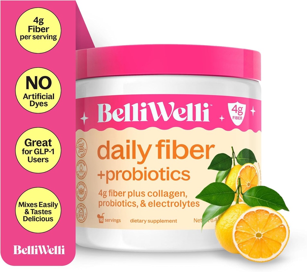 BelliWelli Fiber supplement til kvinder & mænd - Premium Daily Fiber Powder fra Organic Acacia med Tilføjet Collagen, Electrolytes & Probiotics - Ingen Bloat, Forstoppelse & Gut Health Support (Orange Yuzu)