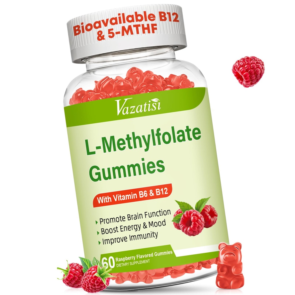 L- methylfolat 15 mg gummies with methyl B12, Folate Supplement for Mood, Brain Health, immunforsvar, Raspberry Flavor, 60 Greve