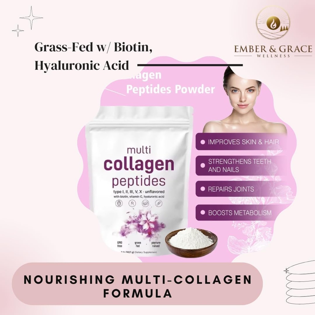 Ember & Grace Wellness Multi Collagen Protein Powder- Type I, II, III, V, X med biotin, Hyaluronsyre, C-vitamin - Unflavored Collagen Peptider - Keto & Paleo Friendly, Let opløsning, Non- GMO