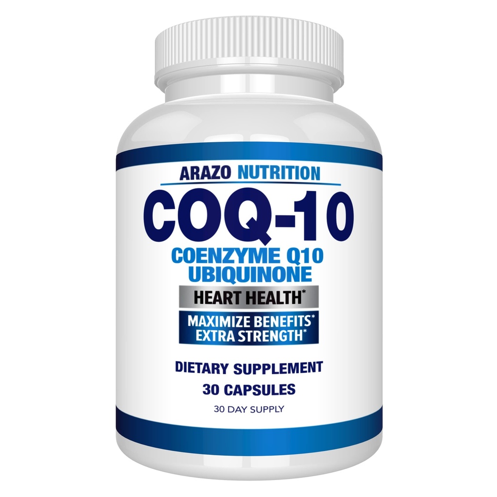 Arazo Nutrition CoQ10 Ubiquinone Coenzym Q10- 200mg Maximum Strength Nutritional Supplement - High Absorption Capsules with No Soy