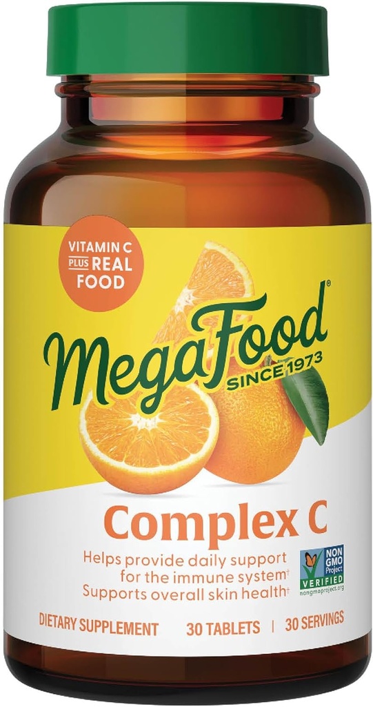 MegaFood Complex C - Vegansk immunforsvar tillæg med C-vitamin 250 mg, Lavet med Real Food Inclusive Orange, Cranberry & Brown Rice, Gluten- Free, Kosher - 30 tabletter, 30 Servere