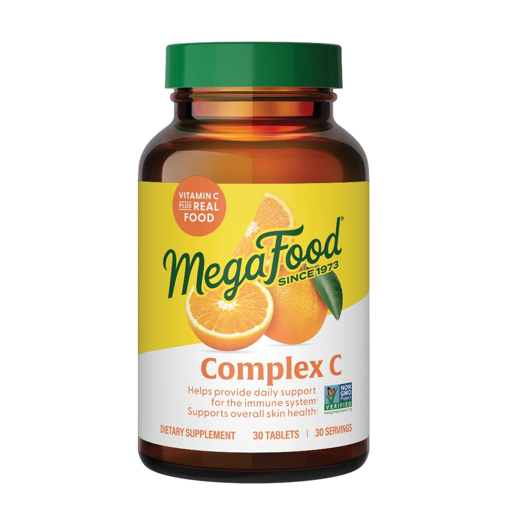 MegaFood Complex C - Vegansk immunforsvar tillæg med C-vitamin 250 mg, Lavet med Real Food Inclusive Orange, Cranberry & Brown Rice, Gluten- Free, Kosher - 30 tabletter, 30 Servere