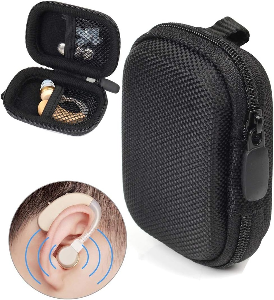 Designet Beskyttende Sag til Høreapparat, Høreforstærker, Personlig Lydforstærker, Høreapparat, Lytteanordning, Stærk Mini sag med Mesh lomme, Universal design (Ballistisk Sort)
