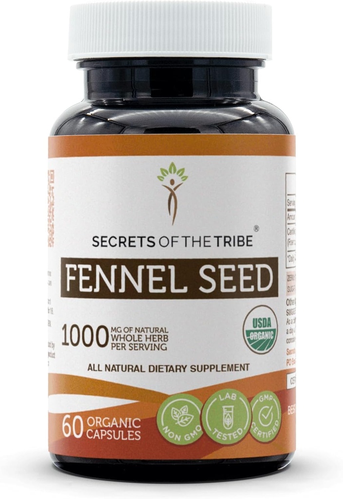Secrets of the Tribe Fennel Seed USDA Organic Measures 124; Lavet med vegetariske kapsler og Certified Organic Fennel Seed (Foeniculum vulgare) Tørret frø (60 Kapsler)