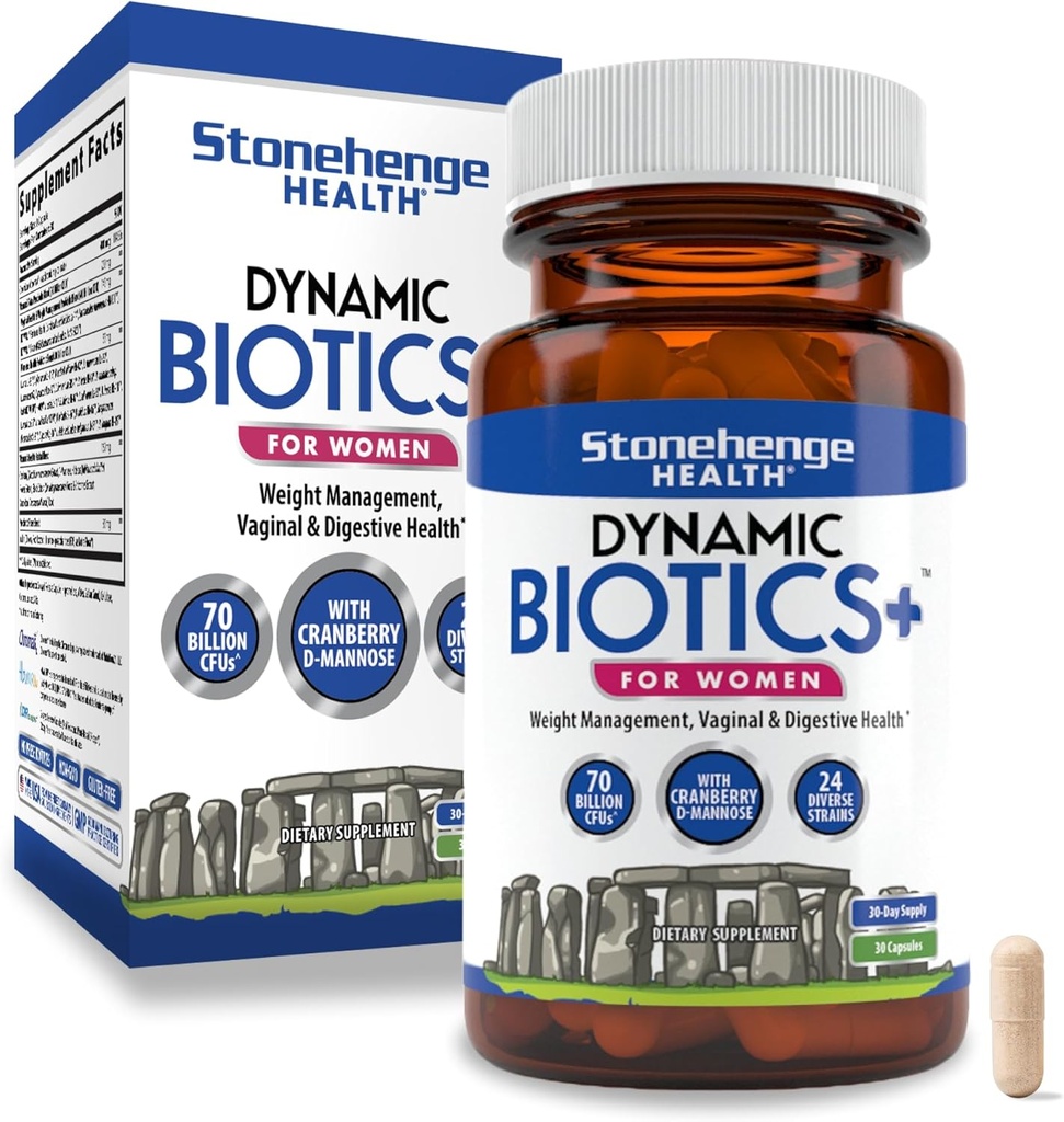 Stonehenge Health Probiotics 70 Billion CFU + 24 Strains, Prebiotic, Dynamic Biotics+ for Women, New Formula for Weight Management, Digestive & Vaginal Support, Delayed Release Shelf Stable Non-GMO