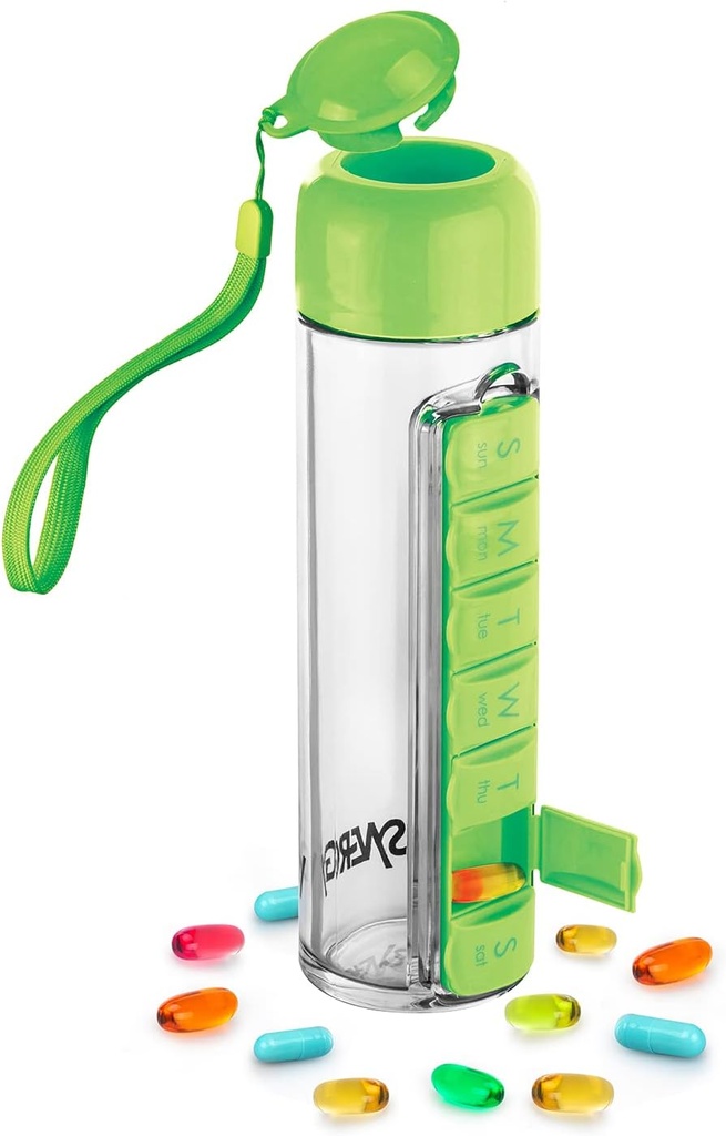 Synergy Vandflaske & Pill Organizer - Rejseopbevaring Container for Vand, Juice, Vitamin - Bærbar 7-Day Pillbox - til udendørs, Gym, Rejser - Easy Carry Rem - BPA Free Plastic - 400ml (Grøn)
