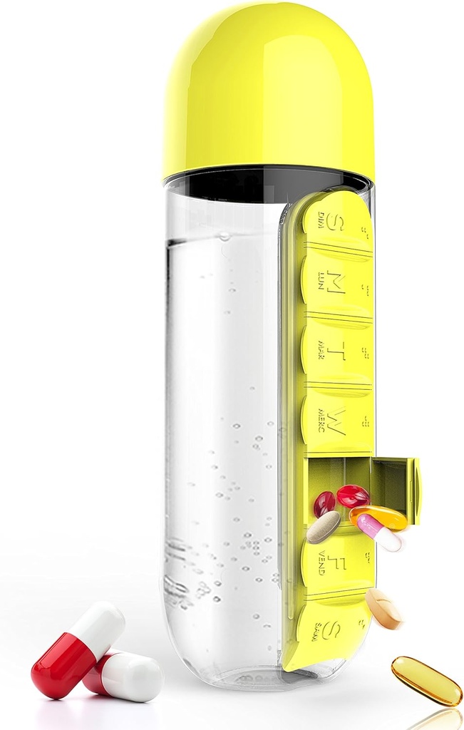 Asobu Combine Daily Pill Box Organizer med vand flaske, 20 oz, sort (gul)
