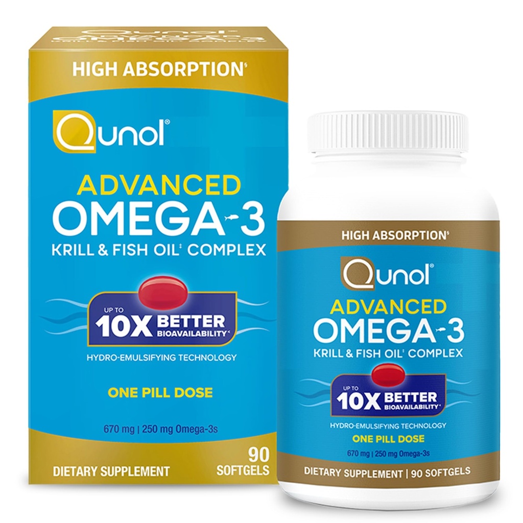 Qunol Advanced Omega 3 Krill og Fish Oil Complex, 10x bedre biotilgængelighed, One Pill Dosis, 250 mg EPA & DHA, understøtter hjerne, øje, hjerte og fælles sundhed, 90 greve (pakke med 1)