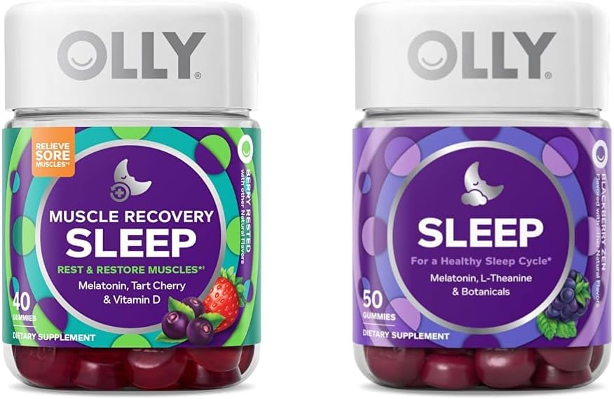 OLLY Muscle Recovery Sleep Gummies med Melatonin, Tart Cherry, D-vitamin, 40 Count Sleep Gummy med Melatonin, L- Theanine, Kamille, 50 Count