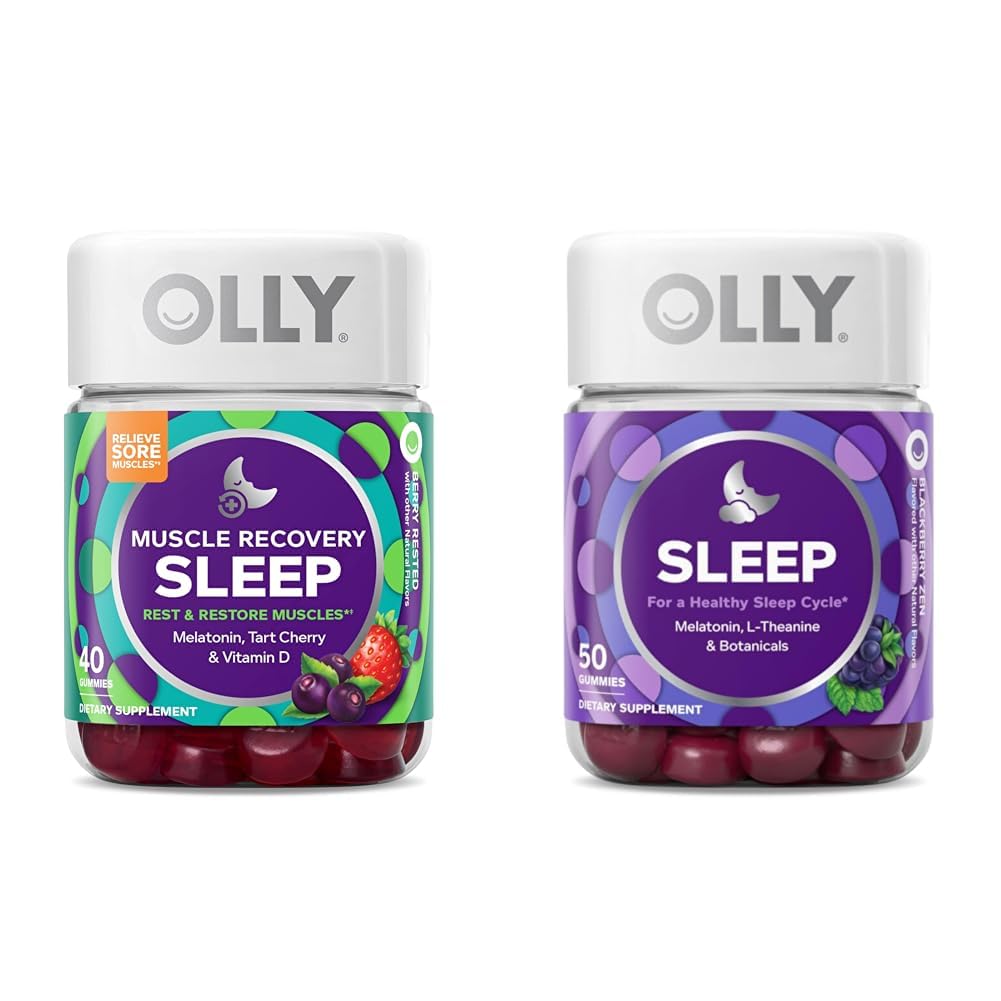 OLLY Muscle Recovery Sleep Gummies med Melatonin, Tart Cherry, D-vitamin, 40 Count Sleep Gummy med Melatonin, L- Theanine, Kamille, 50 Count
