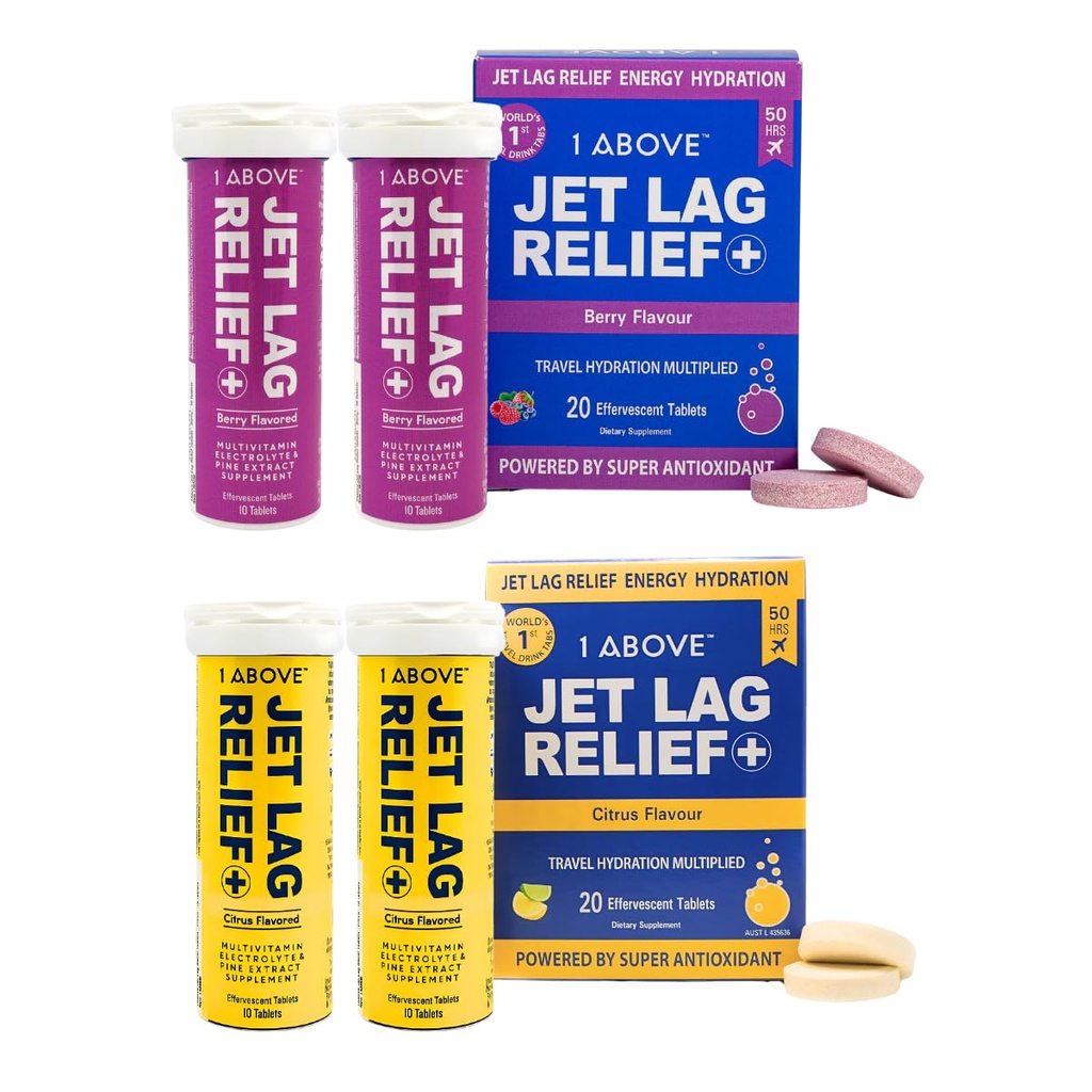 1ABOVE Jet Lag Relief Effervescent Multivitamin med Pycnogenol Rejse supplement til Hydration, energi, immunforsvar og hurtigere inddrivelse - Flyvevæsentlige - Citrus 20 Greve og Berry 20 Greve