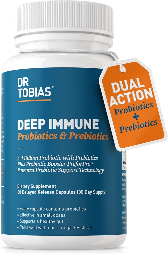 Dr. Tobias Deep Immune Probiotika & Prebiotika, Dobbelt Handling Fordøjelse & Immun Support med PreforPro Prebiotika & Forsinket Release Spore Danning Probiotika for kvinder & mænd, 60 Kapsler, 30 Servering