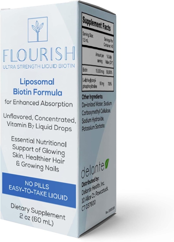 Solace Nutrition - Flourish Biotin Hår, Hud og negle Vitamin, flydende Vitamin Kosttilskud med vitamin B7, Unflavored Hår Growth Supplement, Ultra- Strength Biotin Vitamin, 15.000 mcg, 2fl oz