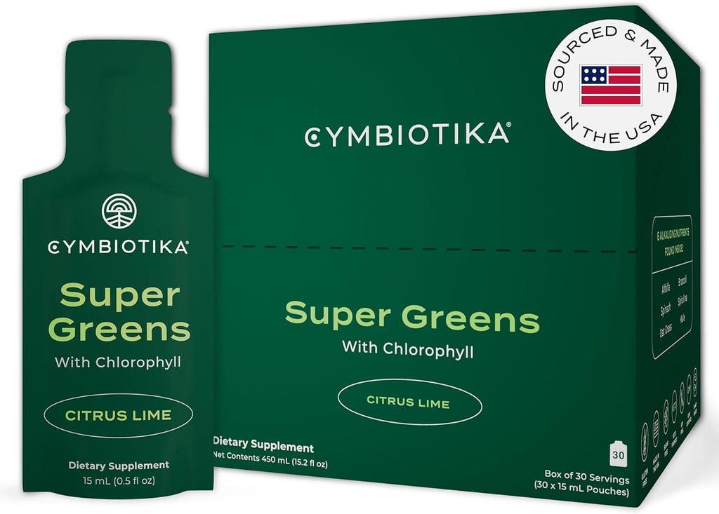CYMBIOTIKA Super Green tillæg med Chlorophyll, Spirulina, Daily Vegan Superfood pakker til fordøjelsesbesvær Gut Sundhed, Detox, Energi og immunforsvar Support, Citrus Lime Flavor, 15 ml Pouches, 30 Pack