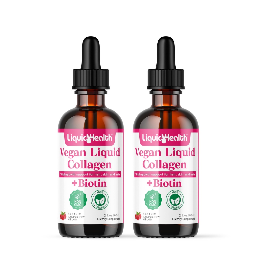 LIQUIDHealth 100% Vegansk Collagen Plus Biotin 100,000mcg flydende dråber - Plantbaseret flydende kollagen til kvinder & mænd - hår & negle vækst, hudsundhed, øger Metabolisme - Made in USA, Non- GMO (2 Pack)