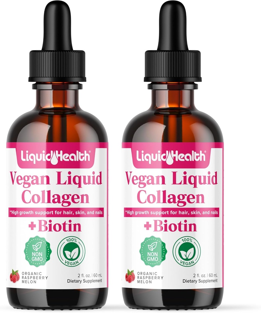 LIQUIDHealth 100% Vegansk Collagen Plus Biotin 100,000mcg flydende dråber - Plantbaseret flydende kollagen til kvinder & mænd - hår & negle vækst, hudsundhed, øger Metabolisme - Made in USA, Non- GMO (2 Pack)