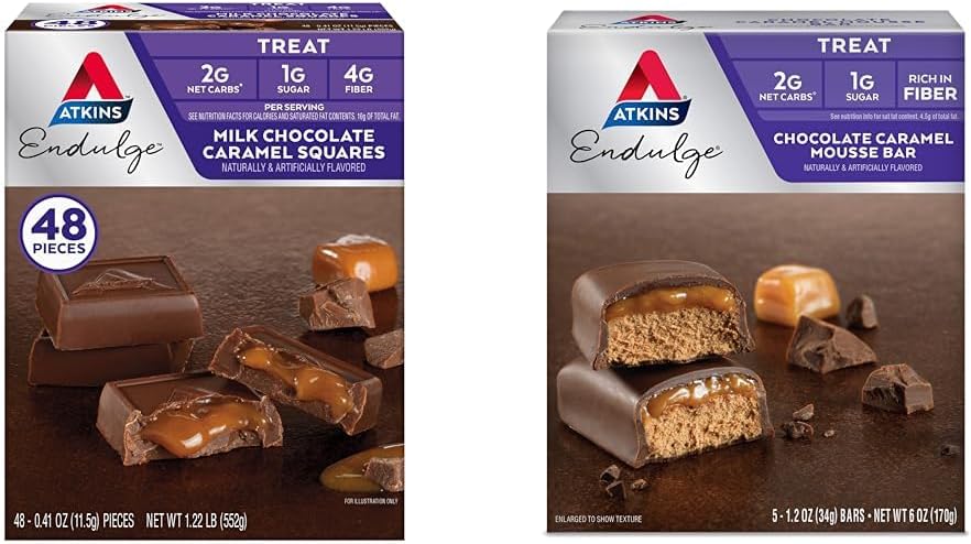 Atkins Endulge Mælk Chokolade Karamel Squares 48 Grev & Chokolade Karamel Mousse Barer 5 Grev Bundle