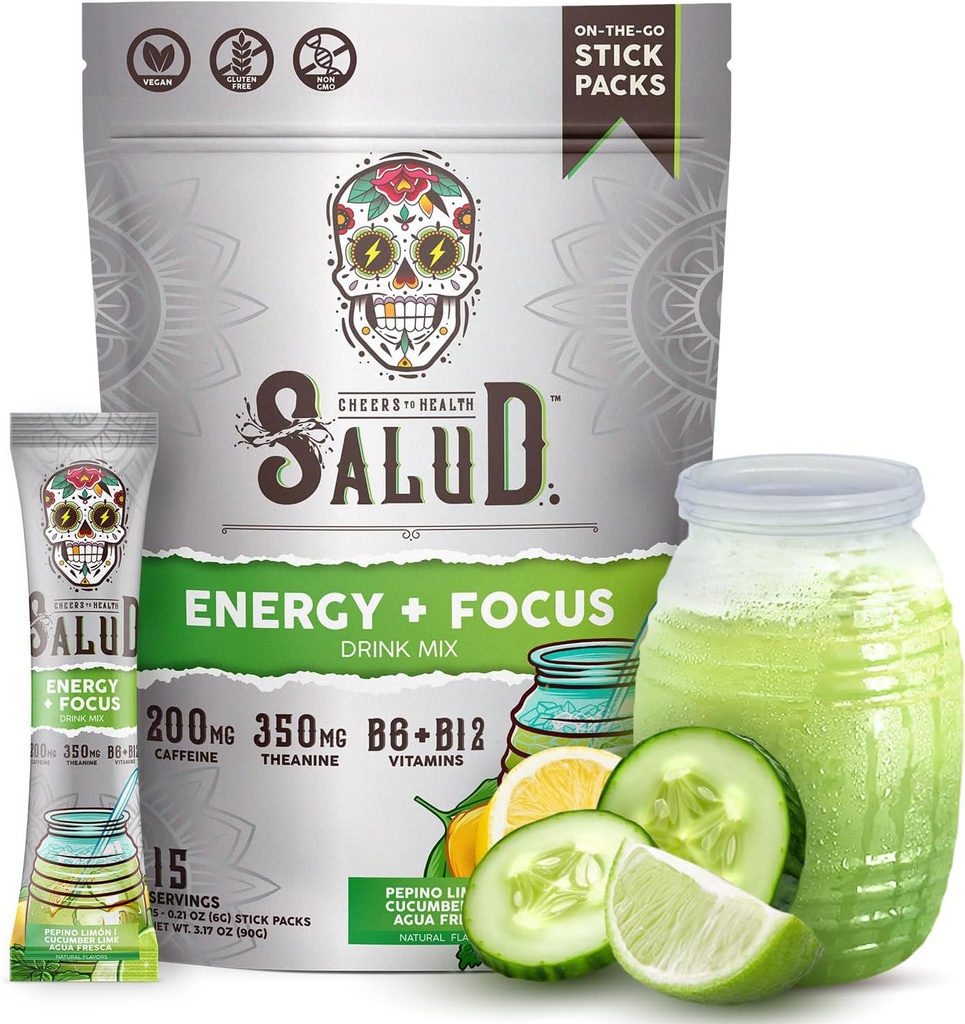 Salud 2-in-1 Energy Drink Powder + Focus, Cuckumber Lime, Organic Coffein, B6 + B12, Theanin, Clean Energy Drink Pacets, Agua Fresca Mix, Non- GMO, Gluten Free, Vegan, 1g sukker, (15 Servere)