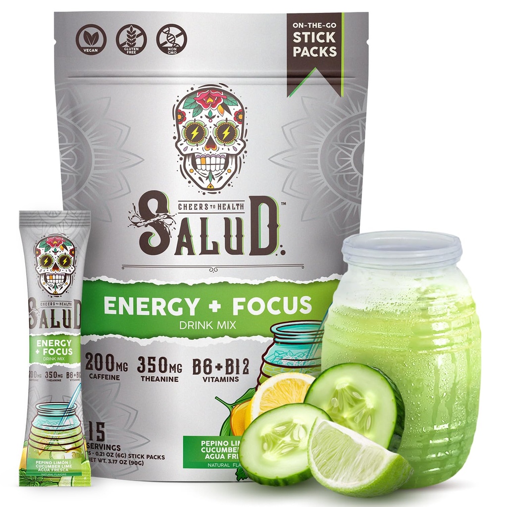 Salud 2-in-1 Energy Drink Powder + Focus, Cuckumber Lime, Organic Coffein, B6 + B12, Theanin, Clean Energy Drink Pacets, Agua Fresca Mix, Non- GMO, Gluten Free, Vegan, 1g sukker, (15 Servere)