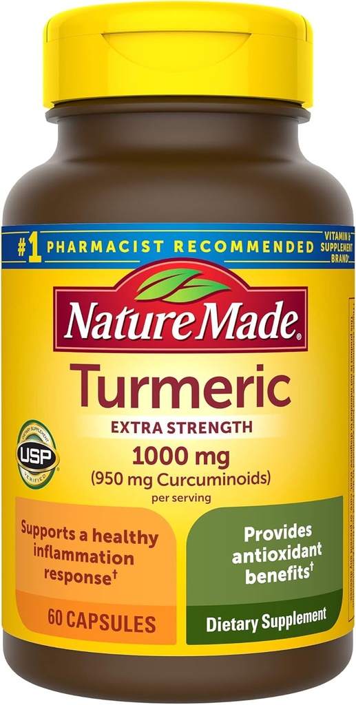 Nature Made Extra Strength Gurkemeje med Sort Pepper, 1000mg Gurkemeje Udtræk per servering (Standardiseret til 95% Curcuminoids), understøtter sund inflammation reaktion, 60 vegetariske kapsler