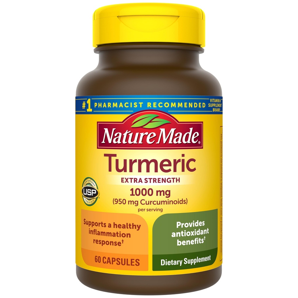 Nature Made Extra Strength Gurkemeje med Sort Pepper, 1000mg Gurkemeje Udtræk per servering (Standardiseret til 95% Curcuminoids), understøtter sund inflammation reaktion, 60 vegetariske kapsler