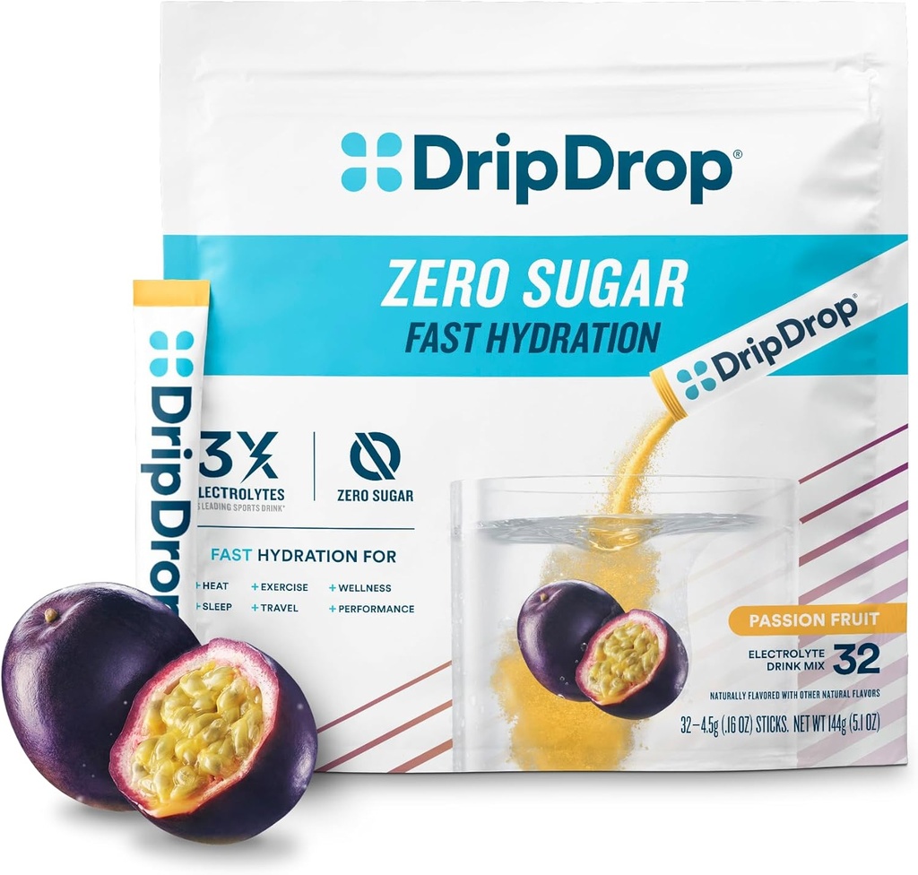 DripDrop Sugar Free Hydration Packets - Zero Passion Fruit - Single Serve Electrolytes Powder Drink Mix - Non-GMO, Gluten Free, Vegan - 32 sticks