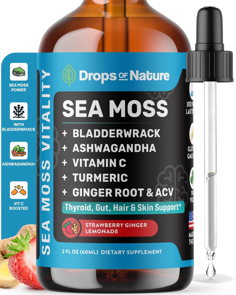 Ashwagandha & gurkemeje Liquid Drops - Vitamin C, Sea Moss, Apple Cider Vinegava, Bladderwrack - Vegansk Liquid Drops til Omfattende Wellness Support & Vital Immunity (Jordbær Ginger Lemonade, 60ml)