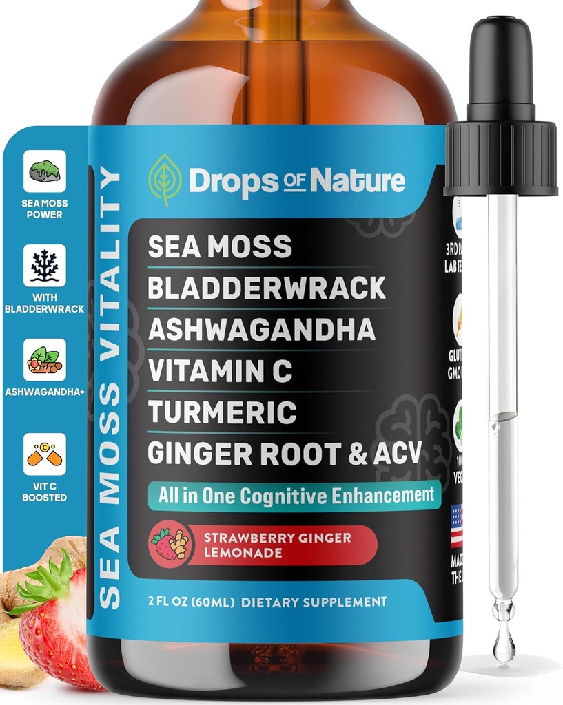 Ashwagandha & gurkemeje Liquid Drops - Vitamin C, Sea Moss, Apple Cider Vinegava, Bladderwrack - Vegansk Liquid Drops til Omfattende Wellness Support & Vital Immunity (Jordbær Ginger Lemonade, 60ml)