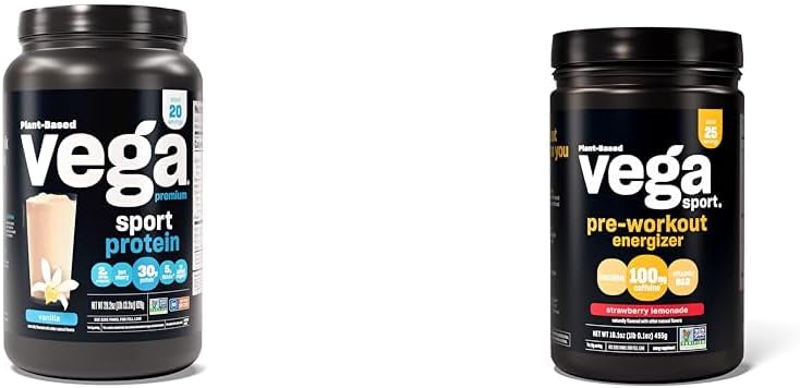 Vega Premium Sport Protein Vanilla Protein Powder, Vegan, Ikke GMO & Sport Pre- workout Energizer, Strawberry Lemonade - Pre Workout Powder