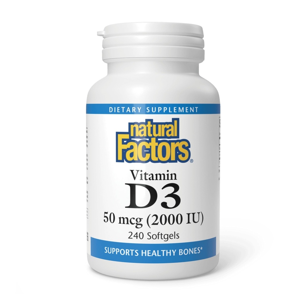 Naturlige faktorer - D3- vitamin 2000 IE, understøtter sunde knogler, 240 bløde geler
