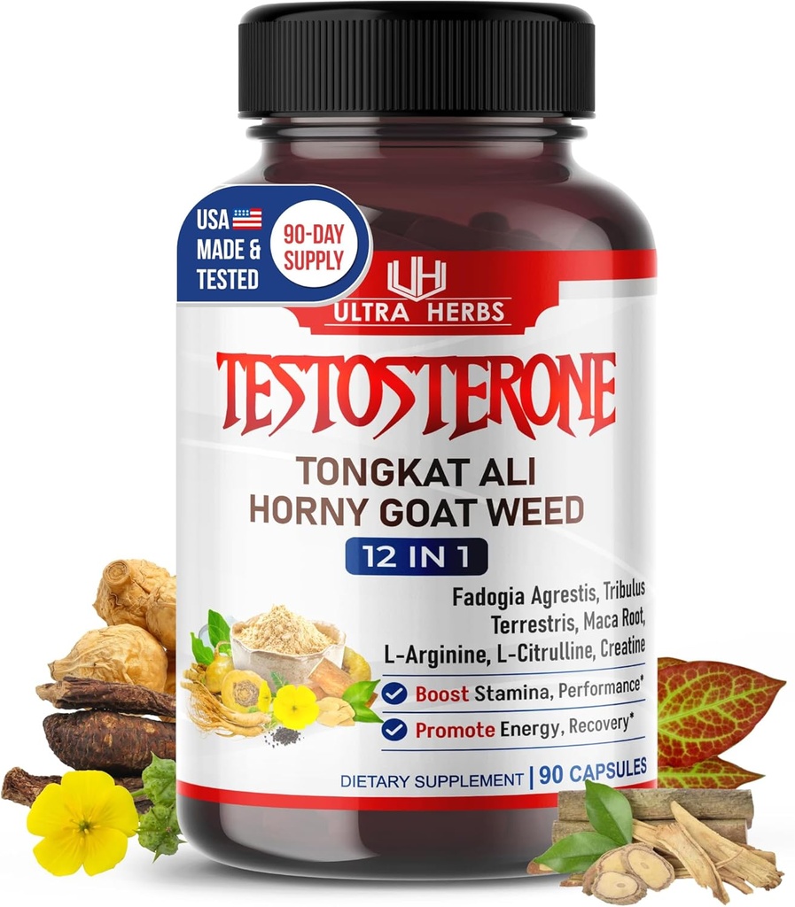 Ultra Test Capsule 12 i 1 Kompleks med L- Arginin, Fadogia Agrestis, Tribulus Terrestris, Maca Root, Beetroot, L- Citrullin, Creatin - USA Made (90- Day Supply)