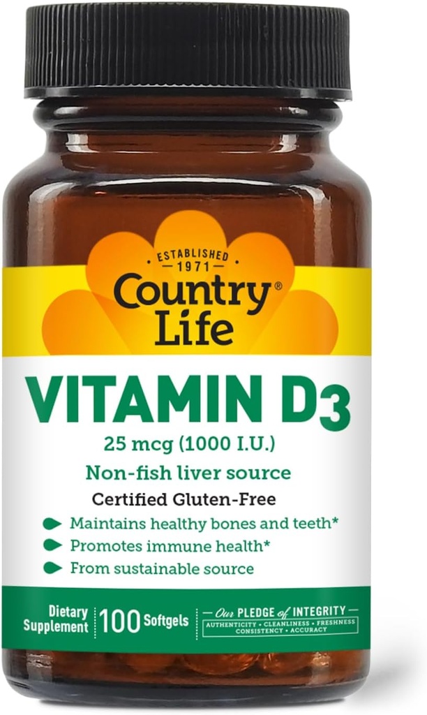 Country Life Vitamin D3, non- Fish 1000 IE, 100 Softgel, Certified Gluten Free