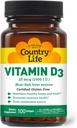 Country Life Vitamin D3, non- Fish 1000 IE, 100 Softgel, Certified Gluten Free