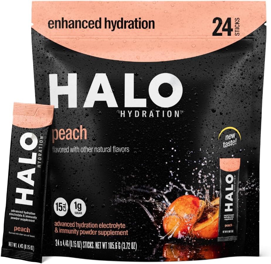 Halo Hydration Electrolyte Powder Packets - Peach - 24 Servering (5g hver) - Økologisk hydrering drikke med lavt sukker + essentielle vitaminer + mineraler - Vegan