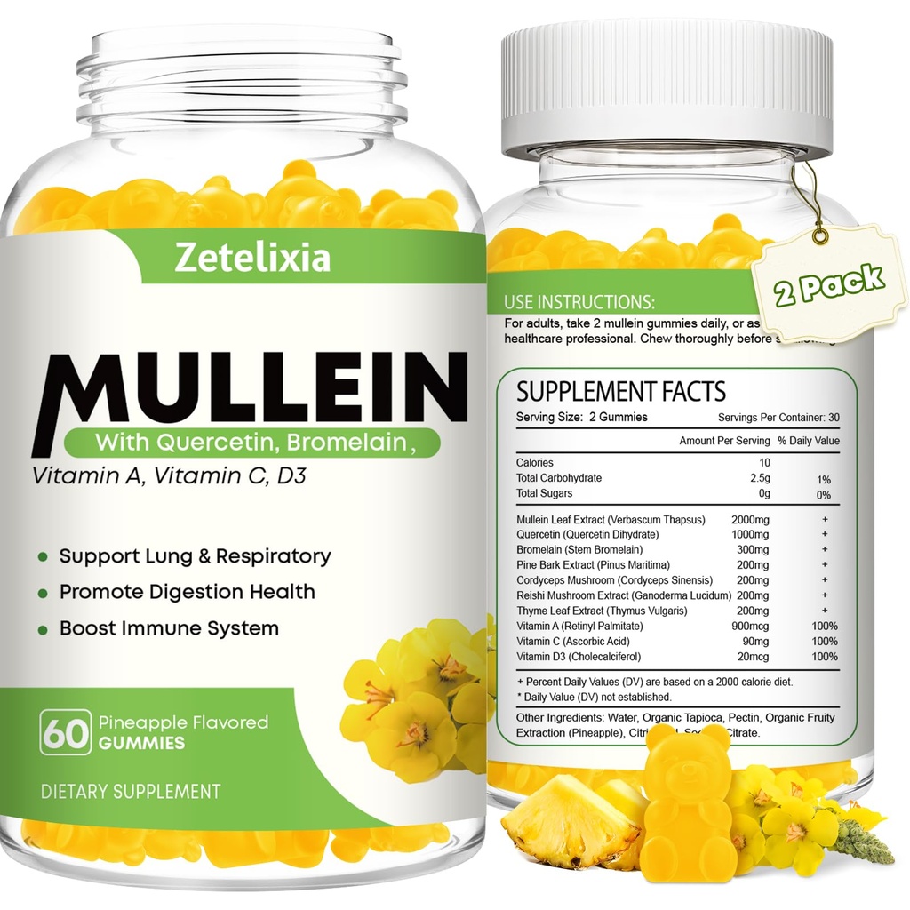 Mullein Gummies for Clear Lungs, 10 i 1 Mullein Leaf Extract for Lungs, Mullein Quercetin Gummies for Lung Cleanse, Respiratoriske, Immun, Pineapple Flavor, 120 Greve
