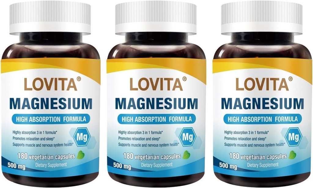 Lovita Triple Magnesium Complex 500mg, High Absorption and Potency Formula, Glycinate, Citrate & Oxide, Support Sleep, Relaxation, Heart, Nerves & Bone Health, 180 Vegan Capsules (Pack of 3)