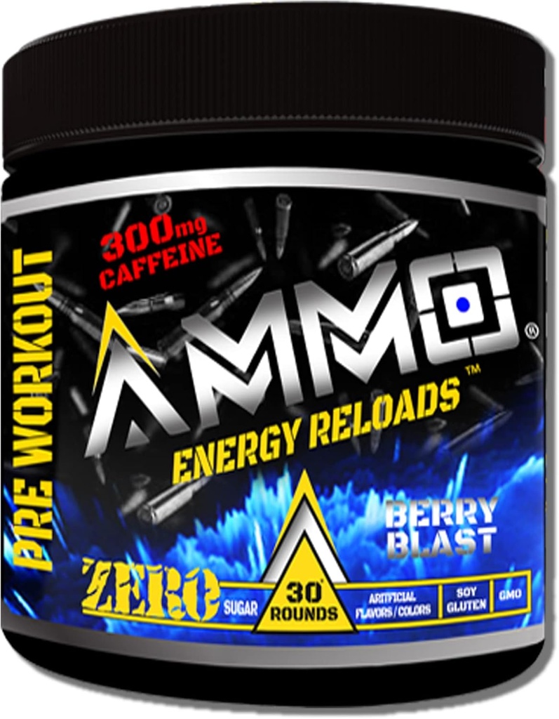 AMMO ® Energy Reloads ™ Pre Workout Powder - 300mg Koffein Zero Sugar Vital Aminos og Elektrolyter Ingen kunstige smagsstoffer eller farver (Berry Blast)