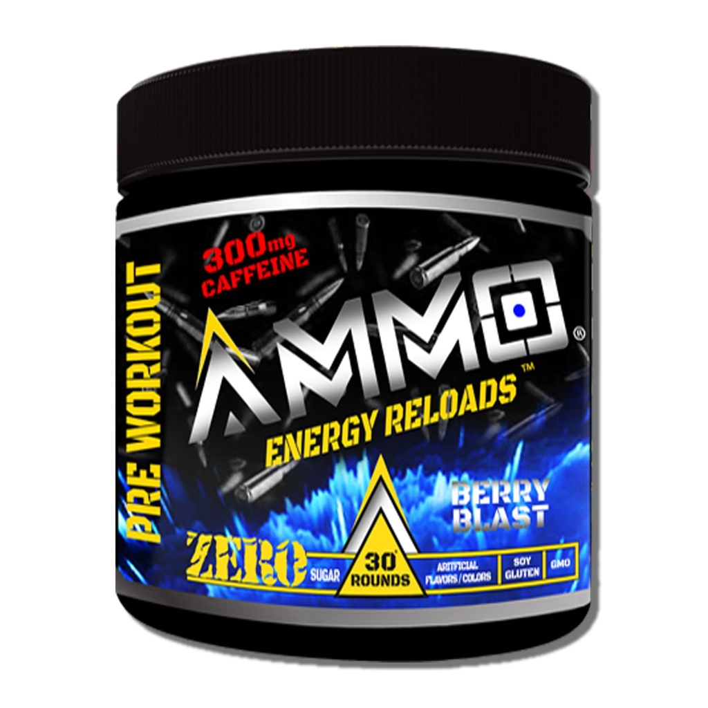 AMMO ® Energy Reloads ™ Pre Workout Powder - 300mg Koffein Zero Sugar Vital Aminos og Elektrolyter Ingen kunstige smagsstoffer eller farver (Berry Blast)