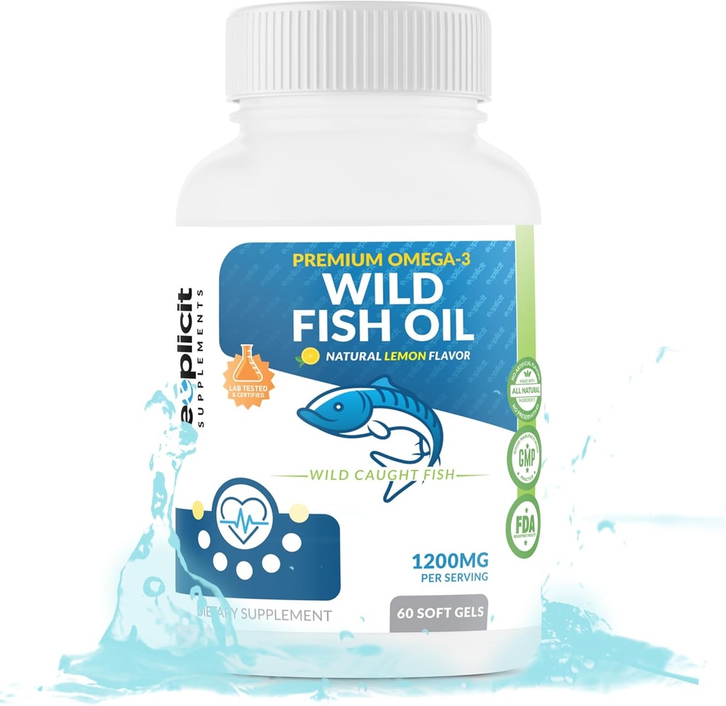 Wild Fish Oil Omega 3 - EPA / DHA - Burpless, Lemon Flavored Non- GMO, Gluten & Soy Free - 1200mg per Servering, 60 Servering, 60 Kapsler