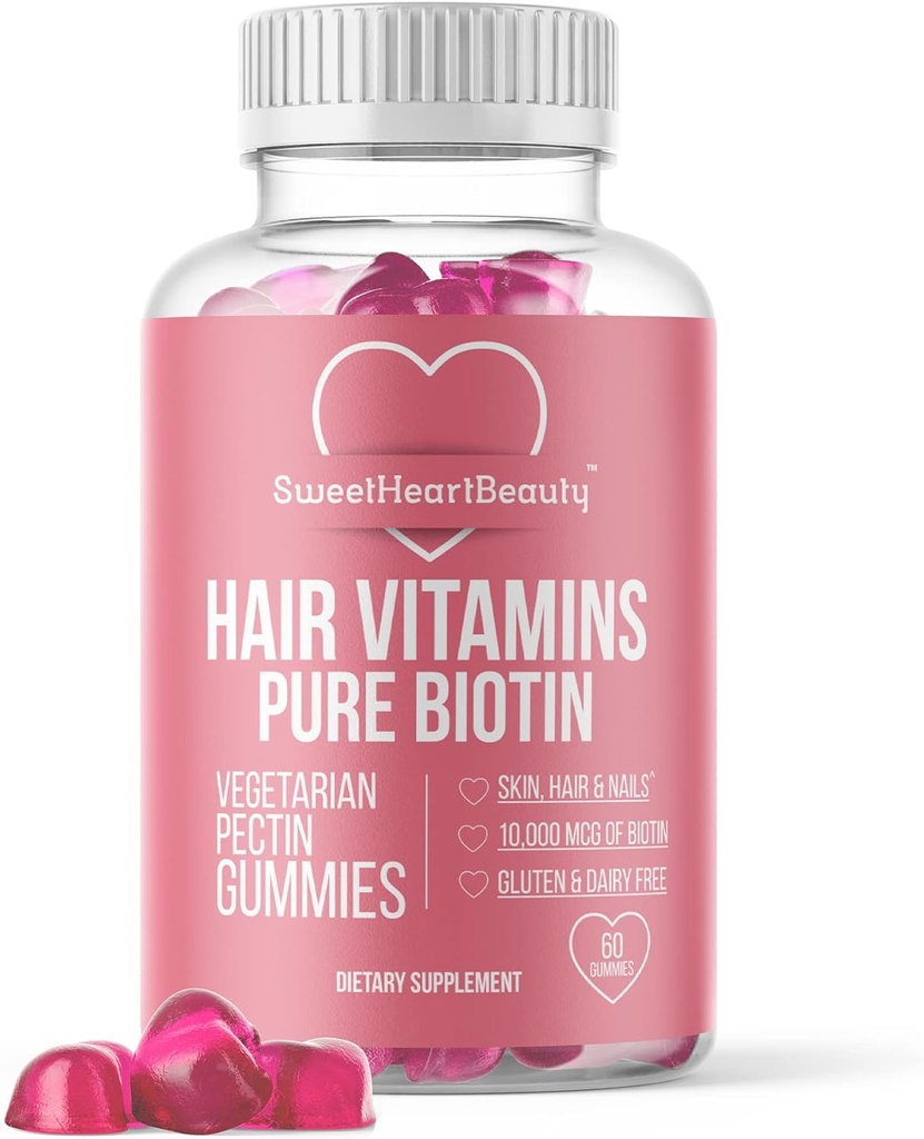 Biotin 10000mcg Gummies by Sweetheart Beauty - Biotin Gummies for Hir Skin and Nails for Women, Mænd & Kids - Hår Vitamin Gummy - Vegan, Non- GMO, 60 Biotin Chewables for Hurtigere Hårvækst