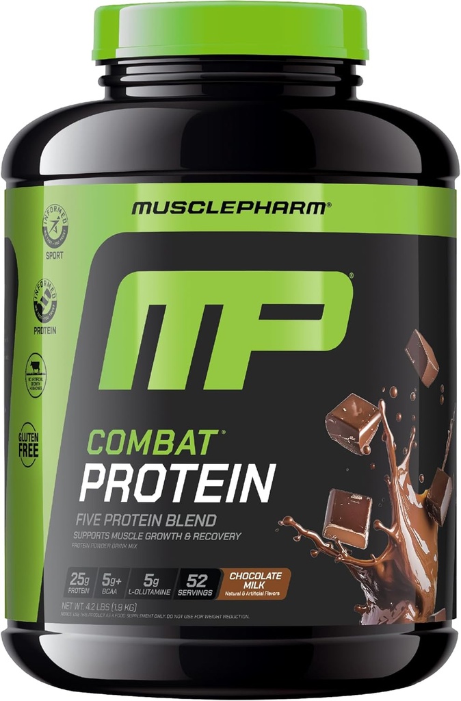 MusclePharm Combat Protein Powder, Chocolate Milk Flavor, Fuels Muscles for Productive Workouts, 5 Protein Sources Including Whey Protein Isolate & Egg Albumin, Gluten Free, 4.2 lb, 52 Servings