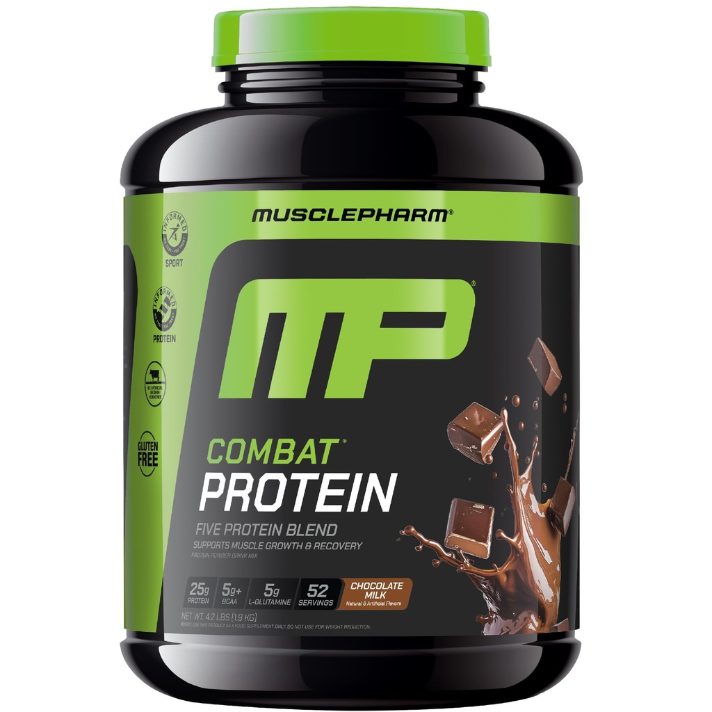 MusclePharm Combat Protein Powder, Chokolade Milk Flavor, Fuels Muscles for Productive Workouts, 5 Protein Kilder herunder Whey Protein Isolate & Egg Albumin, Gluten Free, 4.2 lb, 52 Servere