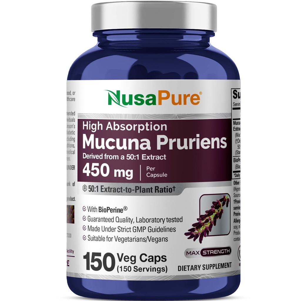 NusaPure Mucuna Pruriens 50: 1 Extract, 450 mg Tilsvarende 22,500mg 150 Veggie Caps (non-GMO, Vegan, Gluten Free, Bio- Perine)